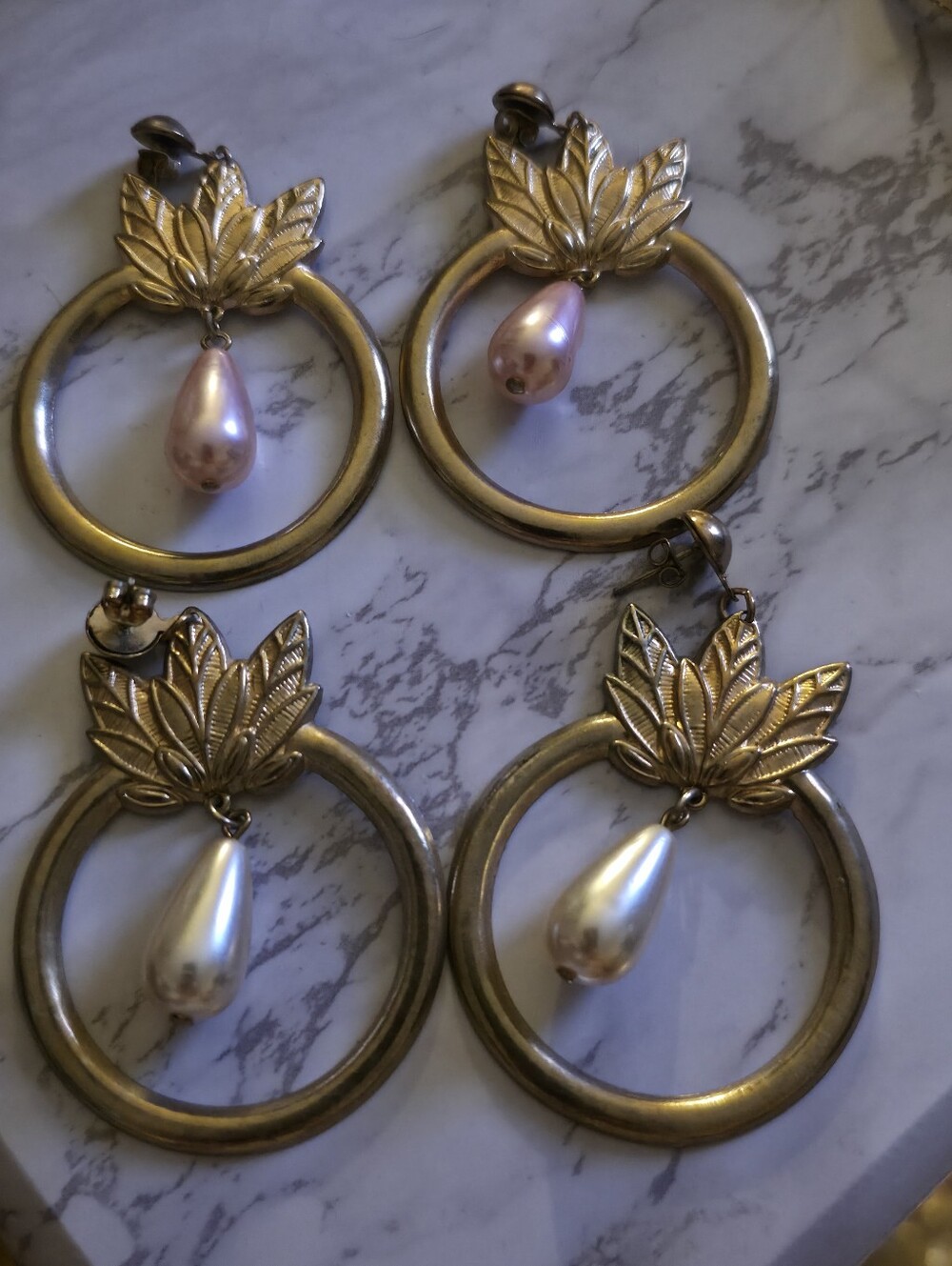 Gold Leaf Hoop Earrings 2 Pairs with Pink And Pearl Drops Special Occasion